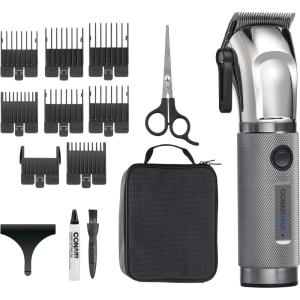 imageConairMAN CloseCut Cordless Precision Hair Clipper and Trimmer Set 8 Combs Barber Hair Cutting Scissors Blade Guard Storage Case Oil and Brush LithiumIon Battery Clippers for Hair CuttingChrome Silver
