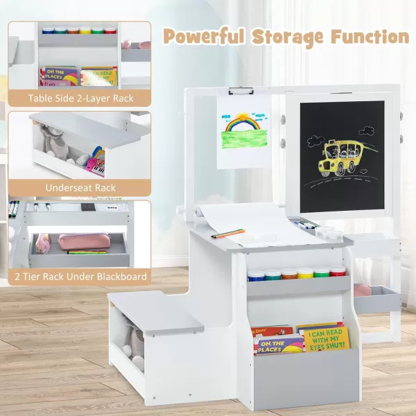 INFANS 2 in 1 Kids Art Table and Chair Set, Toddler Craft Play Wood Activity Desk with 2 Chairs Paper Roll Storage Canvas Bins for Drawing Writing, Children Furniture for Nursery 