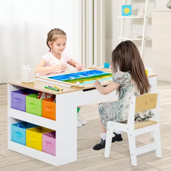INFANS 2 in 1 Kids Art Table and Chair Set, Toddler Craft Play Wood Activity Desk with 2 Chairs Paper Roll Storage Canvas Bins for Drawing Writing, Children Furniture for Nursery 