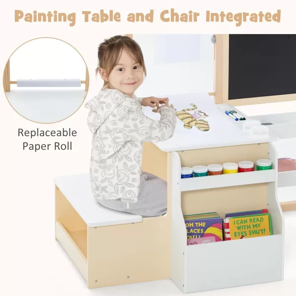 INFANS 2 in 1 Kids Art Table and Chair Set, Toddler Craft Play Wood Activity Desk with 2 Chairs Paper Roll Storage Canvas Bins for Drawing Writing, Children Furniture for Nursery 