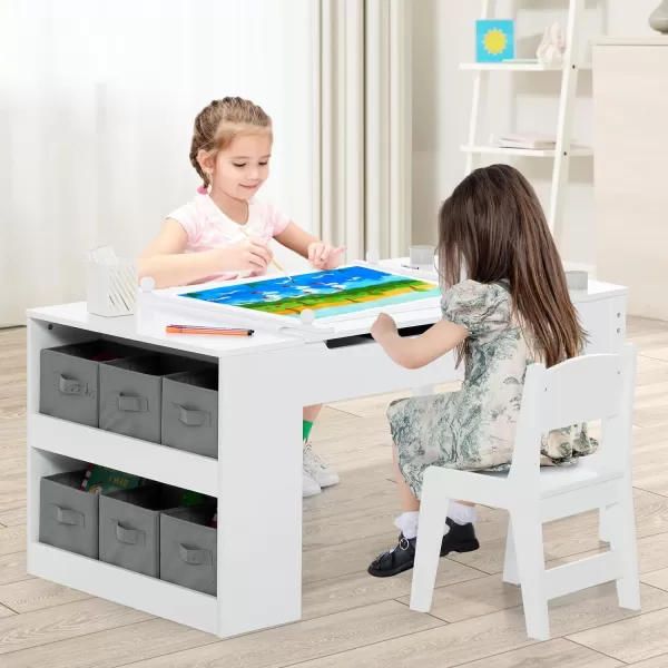 INFANS 2 in 1 Kids Art Table and Chair Set, Toddler Craft Play Wood Activity Desk with 2 Chairs Paper Roll Storage Canvas Bins for Drawing Writing, Children Furniture for Nursery 