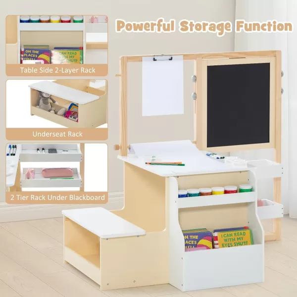 INFANS 2 in 1 Kids Art Table and Chair Set, Toddler Craft Play Wood Activity Desk with 2 Chairs Paper Roll Storage Canvas Bins for Drawing Writing, Children Furniture for Nursery 