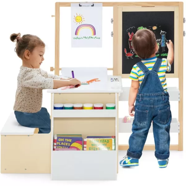 INFANS 2 in 1 Kids Art Table and Chair Set, Toddler Craft Play Wood Activity Desk with 2 Chairs Paper Roll Storage Canvas Bins for Drawing Writing, Children Furniture for Nursery 