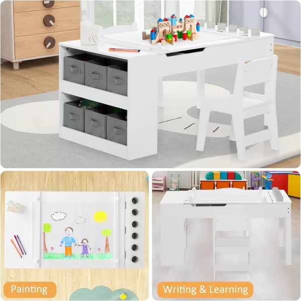 INFANS 2 in 1 Kids Art Table and Chair Set, Toddler Craft Play Wood Activity Desk with 2 Chairs Paper Roll Storage Canvas Bins for Drawing Writing, Children Furniture for Nursery 