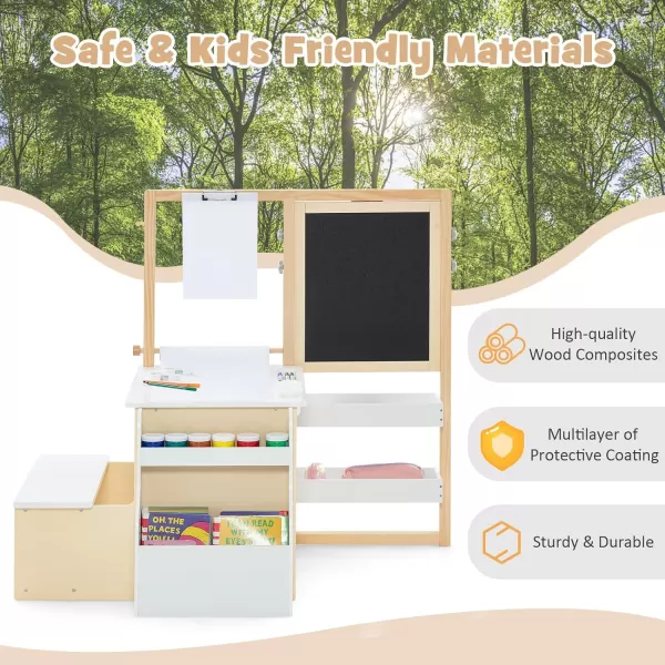 INFANS 2 in 1 Kids Art Table and Chair Set, Toddler Craft Play Wood Activity Desk with 2 Chairs Paper Roll Storage Canvas Bins for Drawing Writing, Children Furniture for Nursery 