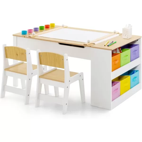 INFANS 2 in 1 Kids Art Table and Chair Set, Toddler Craft Play Wood Activity Desk with 2 Chairs Paper Roll Storage Canvas Bins for Drawing Writing, Children Furniture for Nursery 