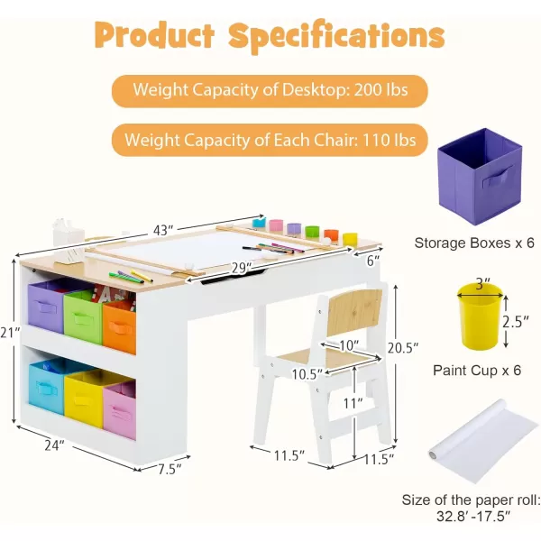INFANS 2 in 1 Kids Art Table and Chair Set, Toddler Craft Play Wood Activity Desk with 2 Chairs Paper Roll Storage Canvas Bins for Drawing Writing, Children Furniture for Nursery 