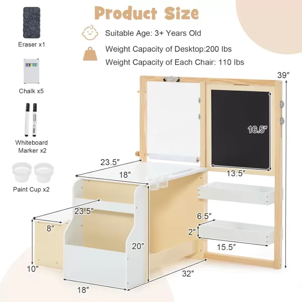 INFANS 2 in 1 Kids Art Table and Chair Set, Toddler Craft Play Wood Activity Desk with 2 Chairs Paper Roll Storage Canvas Bins for Drawing Writing, Children Furniture for Nursery 
