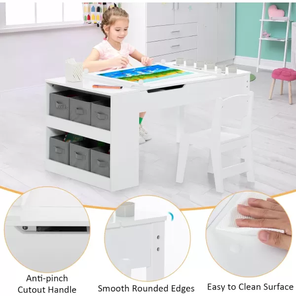 INFANS 2 in 1 Kids Art Table and Chair Set, Toddler Craft Play Wood Activity Desk with 2 Chairs Paper Roll Storage Canvas Bins for Drawing Writing, Children Furniture for Nursery 