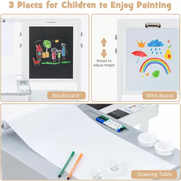 INFANS 2 in 1 Kids Art Table and Chair Set, Toddler Craft Play Wood Activity Desk with 2 Chairs Paper Roll Storage Canvas Bins for Drawing Writing, Children Furniture for Nursery 