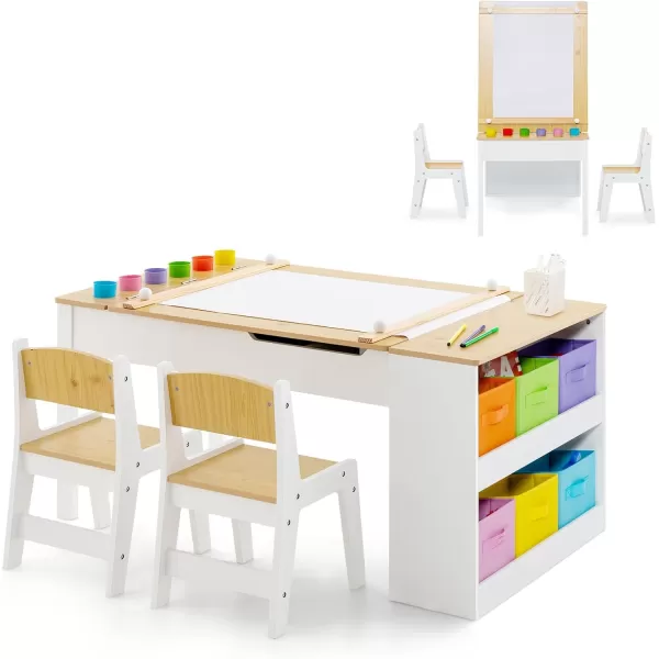 INFANS 2 in 1 Kids Art Table and Chair Set, Toddler Craft Play Wood Activity Desk with 2 Chairs Paper Roll Storage Canvas Bins for Drawing Writing, Children Furniture for Nursery 
