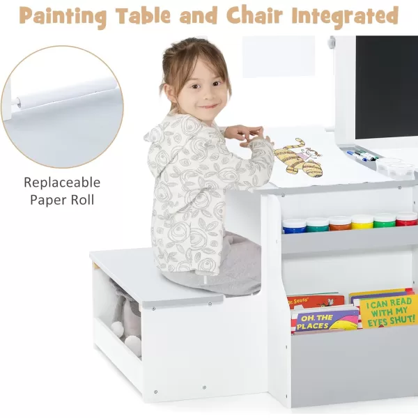 INFANS 2 in 1 Kids Art Table and Chair Set, Toddler Craft Play Wood Activity Desk with 2 Chairs Paper Roll Storage Canvas Bins for Drawing Writing, Children Furniture for Nursery 