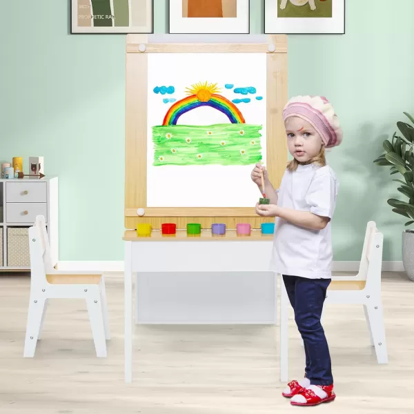 INFANS 2 in 1 Kids Art Table and Chair Set, Toddler Craft Play Wood Activity Desk with 2 Chairs Paper Roll Storage Canvas Bins for Drawing Writing, Children Furniture for Nursery 