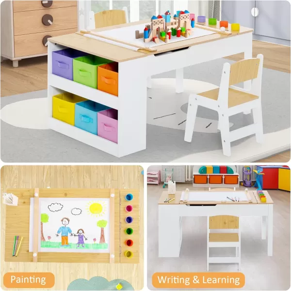 INFANS 2 in 1 Kids Art Table and Chair Set, Toddler Craft Play Wood Activity Desk with 2 Chairs Paper Roll Storage Canvas Bins for Drawing Writing, Children Furniture for Nursery 