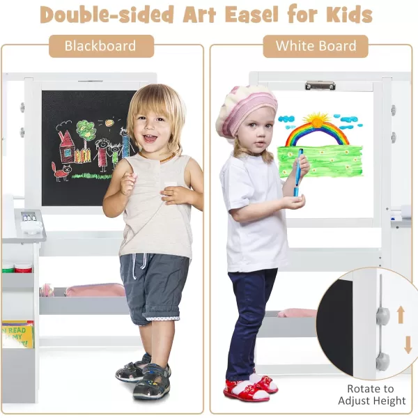INFANS 2 in 1 Kids Art Table and Chair Set, Toddler Craft Play Wood Activity Desk with 2 Chairs Paper Roll Storage Canvas Bins for Drawing Writing, Children Furniture for Nursery 