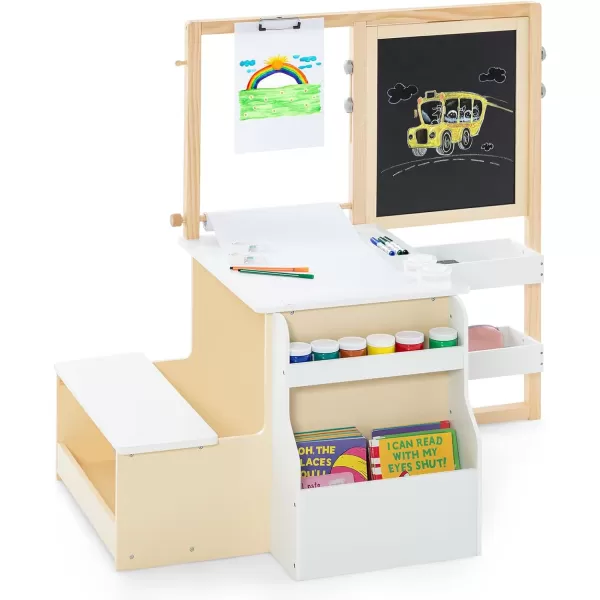 INFANS 2 in 1 Kids Art Table and Chair Set, Toddler Craft Play Wood Activity Desk with 2 Chairs Paper Roll Storage Canvas Bins for Drawing Writing, Children Furniture for Nursery 
