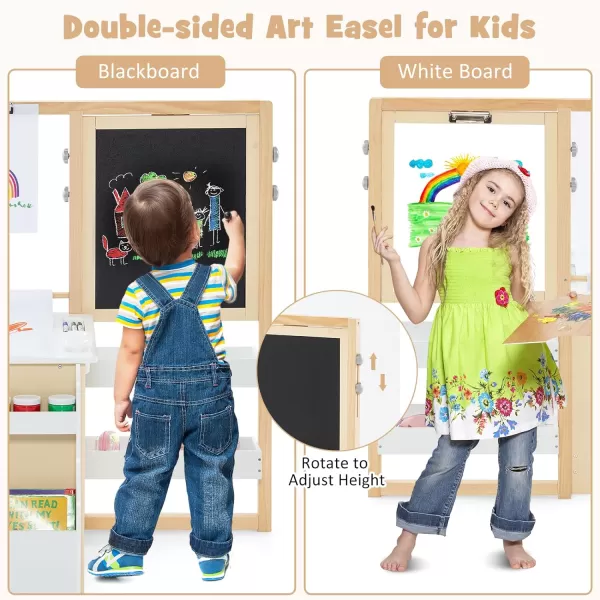 INFANS 2 in 1 Kids Art Table and Chair Set, Toddler Craft Play Wood Activity Desk with 2 Chairs Paper Roll Storage Canvas Bins for Drawing Writing, Children Furniture for Nursery 