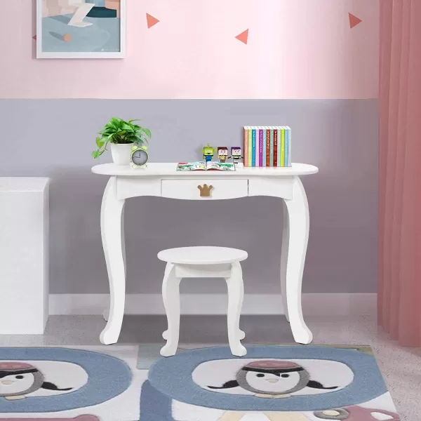 INFANS 2-in-1 Kids Vanity Table &amp; Stool Set, Toddler Wooden Dressing Table with Tri-Fold Mirror &amp; Drawer, Detachable Large Top, Princess Pretend Play Makeup Dresser for Little Girls