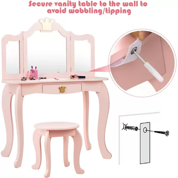 INFANS 2-in-1 Kids Vanity Table &amp; Stool Set, Toddler Wooden Dressing Table with Tri-Fold Mirror &amp; Drawer, Detachable Large Top, Princess Pretend Play Makeup Dresser for Little Girls