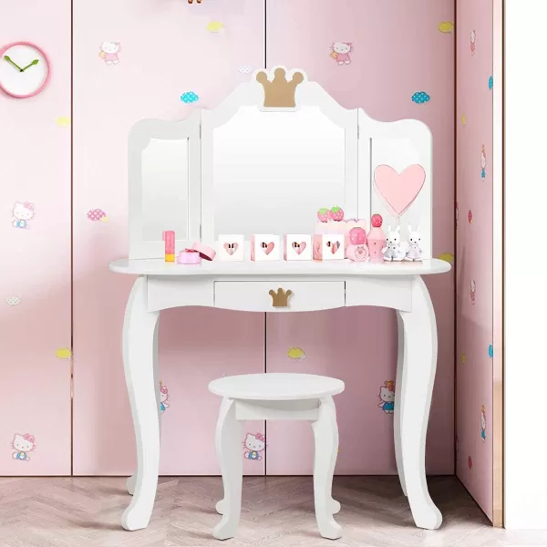 INFANS 2-in-1 Kids Vanity Table &amp; Stool Set, Toddler Wooden Dressing Table with Tri-Fold Mirror &amp; Drawer, Detachable Large Top, Princess Pretend Play Makeup Dresser for Little Girls