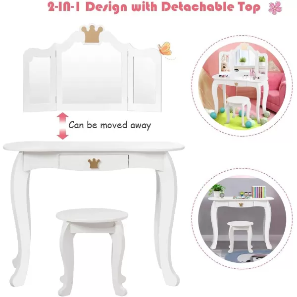 INFANS 2-in-1 Kids Vanity Table &amp; Stool Set, Toddler Wooden Dressing Table with Tri-Fold Mirror &amp; Drawer, Detachable Large Top, Princess Pretend Play Makeup Dresser for Little Girls