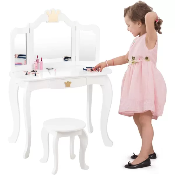 INFANS 2-in-1 Kids Vanity Table &amp; Stool Set, Toddler Wooden Dressing Table with Tri-Fold Mirror &amp; Drawer, Detachable Large Top, Princess Pretend Play Makeup Dresser for Little Girls