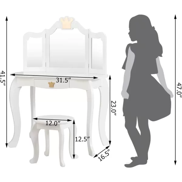 INFANS 2-in-1 Kids Vanity Table &amp; Stool Set, Toddler Wooden Dressing Table with Tri-Fold Mirror &amp; Drawer, Detachable Large Top, Princess Pretend Play Makeup Dresser for Little Girls