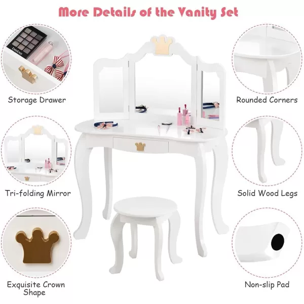 INFANS 2-in-1 Kids Vanity Table &amp; Stool Set, Toddler Wooden Dressing Table with Tri-Fold Mirror &amp; Drawer, Detachable Large Top, Princess Pretend Play Makeup Dresser for Little Girls