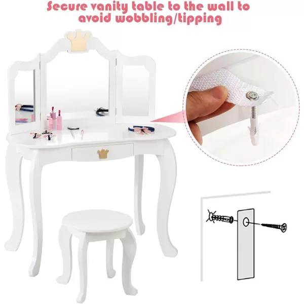 INFANS 2-in-1 Kids Vanity Table &amp; Stool Set, Toddler Wooden Dressing Table with Tri-Fold Mirror &amp; Drawer, Detachable Large Top, Princess Pretend Play Makeup Dresser for Little Girls