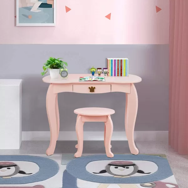 INFANS 2-in-1 Kids Vanity Table &amp; Stool Set, Toddler Wooden Dressing Table with Tri-Fold Mirror &amp; Drawer, Detachable Large Top, Princess Pretend Play Makeup Dresser for Little Girls