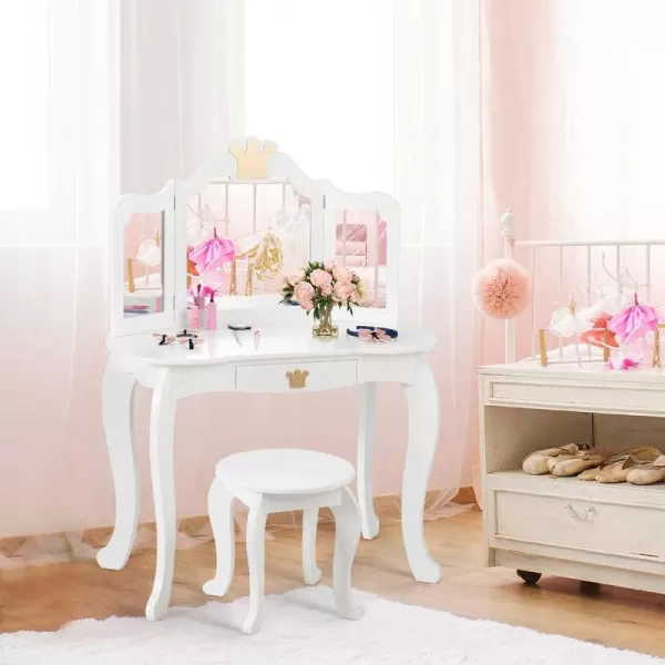 INFANS 2-in-1 Kids Vanity Table &amp; Stool Set, Toddler Wooden Dressing Table with Tri-Fold Mirror &amp; Drawer, Detachable Large Top, Princess Pretend Play Makeup Dresser for Little Girls