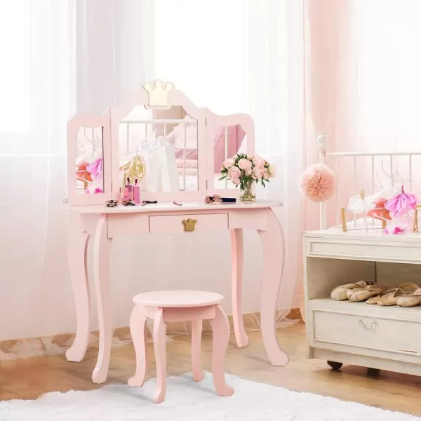INFANS 2-in-1 Kids Vanity Table &amp; Stool Set, Toddler Wooden Dressing Table with Tri-Fold Mirror &amp; Drawer, Detachable Large Top, Princess Pretend Play Makeup Dresser for Little Girls