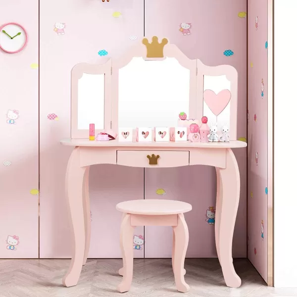 INFANS 2-in-1 Kids Vanity Table &amp; Stool Set, Toddler Wooden Dressing Table with Tri-Fold Mirror &amp; Drawer, Detachable Large Top, Princess Pretend Play Makeup Dresser for Little Girls