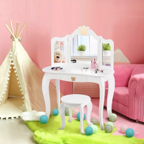 INFANS 2-in-1 Kids Vanity Table &amp; Stool Set, Toddler Wooden Dressing Table with Tri-Fold Mirror &amp; Drawer, Detachable Large Top, Princess Pretend Play Makeup Dresser for Little Girls
