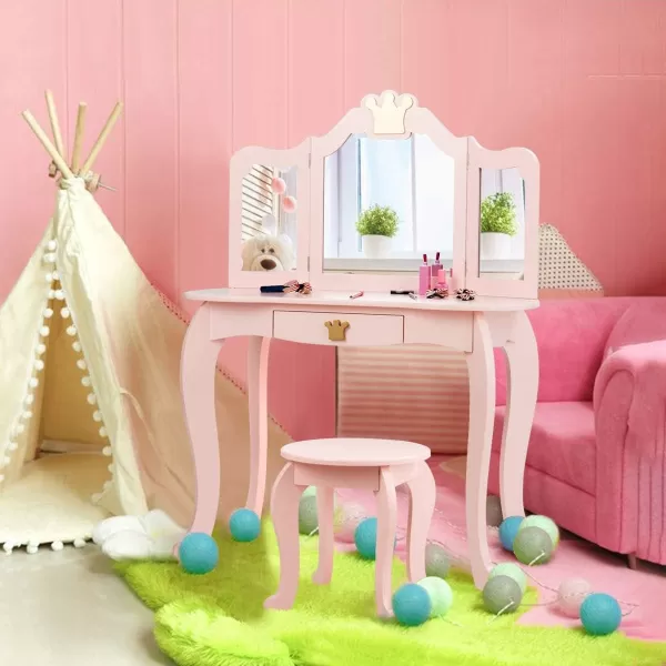 INFANS 2-in-1 Kids Vanity Table &amp; Stool Set, Toddler Wooden Dressing Table with Tri-Fold Mirror &amp; Drawer, Detachable Large Top, Princess Pretend Play Makeup Dresser for Little Girls