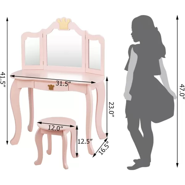 INFANS 2-in-1 Kids Vanity Table &amp; Stool Set, Toddler Wooden Dressing Table with Tri-Fold Mirror &amp; Drawer, Detachable Large Top, Princess Pretend Play Makeup Dresser for Little Girls