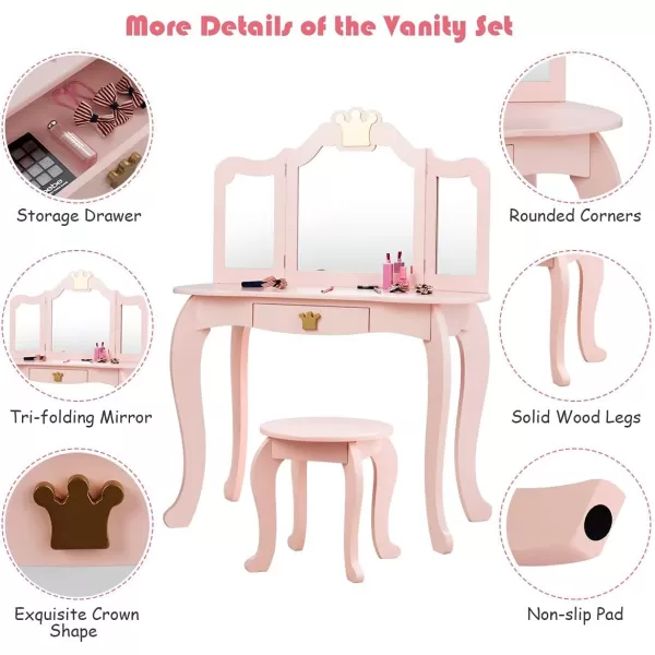 INFANS 2-in-1 Kids Vanity Table &amp; Stool Set, Toddler Wooden Dressing Table with Tri-Fold Mirror &amp; Drawer, Detachable Large Top, Princess Pretend Play Makeup Dresser for Little Girls