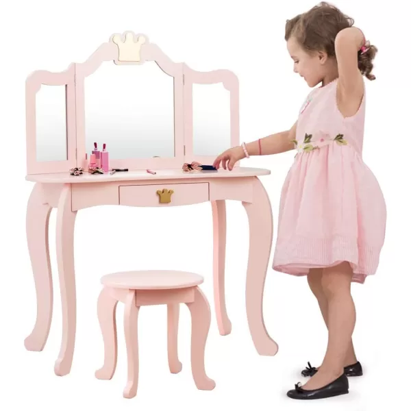 INFANS 2-in-1 Kids Vanity Table &amp; Stool Set, Toddler Wooden Dressing Table with Tri-Fold Mirror &amp; Drawer, Detachable Large Top, Princess Pretend Play Makeup Dresser for Little Girls