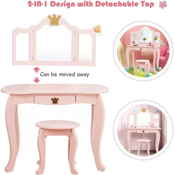 INFANS 2-in-1 Kids Vanity Table &amp; Stool Set, Toddler Wooden Dressing Table with Tri-Fold Mirror &amp; Drawer, Detachable Large Top, Princess Pretend Play Makeup Dresser for Little Girls
