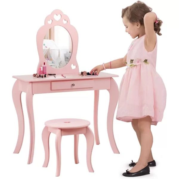 INFANS 2 in 1 Wooden Kids Princess Vanity Table &amp; Chair Set, Child Pretend Play Makeup Table with Detachable Real Mirror, Large Drawer, Pretend Beauty Make Up Dressing Play Set for Girl