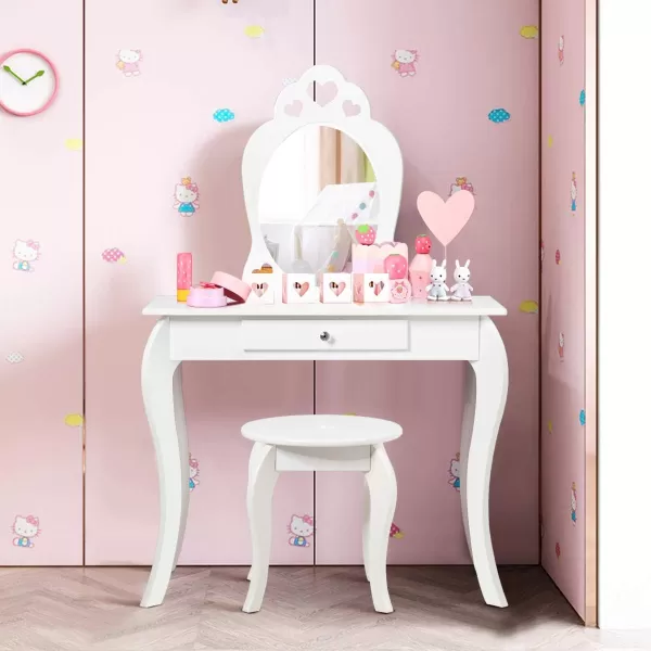INFANS 2 in 1 Wooden Kids Princess Vanity Table &amp; Chair Set, Child Pretend Play Makeup Table with Detachable Real Mirror, Large Drawer, Pretend Beauty Make Up Dressing Play Set for Girl