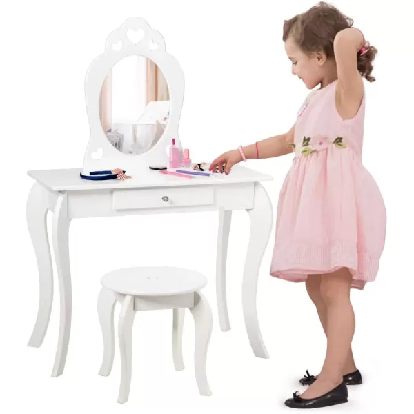 INFANS 2 in 1 Wooden Kids Princess Vanity Table &amp; Chair Set, Child Pretend Play Makeup Table with Detachable Real Mirror, Large Drawer, Pretend Beauty Make Up Dressing Play Set for Girl