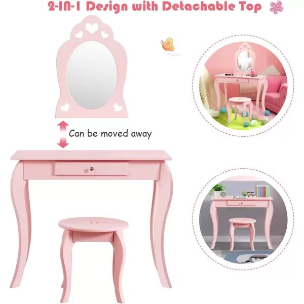 INFANS 2 in 1 Wooden Kids Princess Vanity Table &amp; Chair Set, Child Pretend Play Makeup Table with Detachable Real Mirror, Large Drawer, Pretend Beauty Make Up Dressing Play Set for Girl