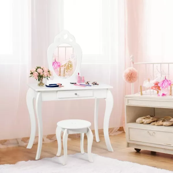 INFANS 2 in 1 Wooden Kids Princess Vanity Table &amp; Chair Set, Child Pretend Play Makeup Table with Detachable Real Mirror, Large Drawer, Pretend Beauty Make Up Dressing Play Set for Girl