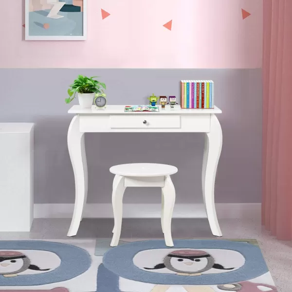 INFANS 2 in 1 Wooden Kids Princess Vanity Table &amp; Chair Set, Child Pretend Play Makeup Table with Detachable Real Mirror, Large Drawer, Pretend Beauty Make Up Dressing Play Set for Girl