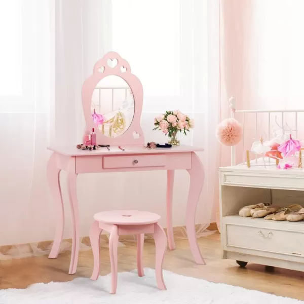 INFANS 2 in 1 Wooden Kids Princess Vanity Table &amp; Chair Set, Child Pretend Play Makeup Table with Detachable Real Mirror, Large Drawer, Pretend Beauty Make Up Dressing Play Set for Girl
