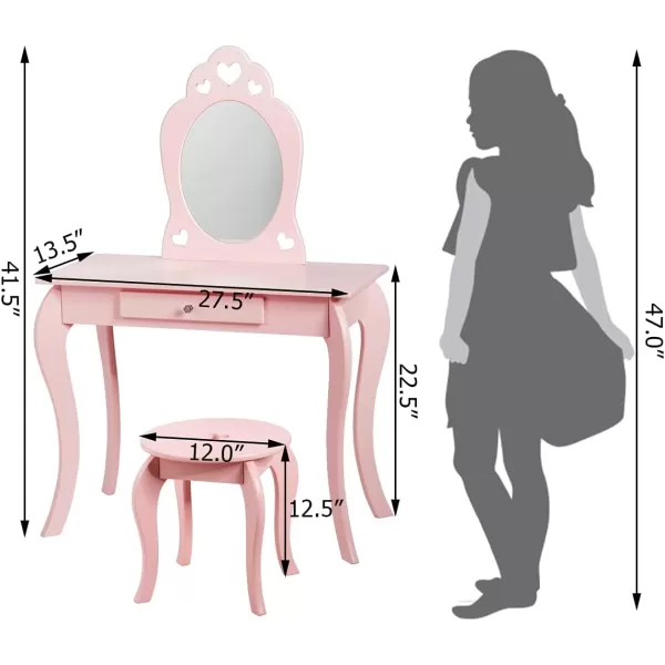 INFANS 2 in 1 Wooden Kids Princess Vanity Table &amp; Chair Set, Child Pretend Play Makeup Table with Detachable Real Mirror, Large Drawer, Pretend Beauty Make Up Dressing Play Set for Girl