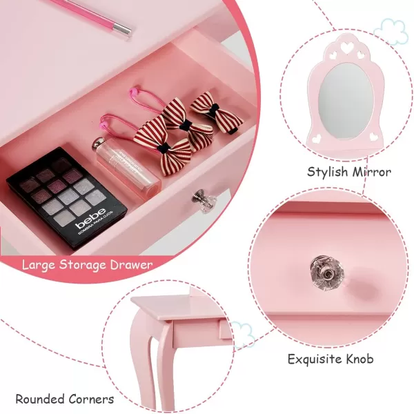 INFANS 2 in 1 Wooden Kids Princess Vanity Table &amp; Chair Set, Child Pretend Play Makeup Table with Detachable Real Mirror, Large Drawer, Pretend Beauty Make Up Dressing Play Set for Girl