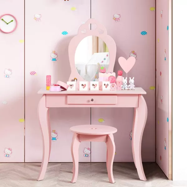 INFANS 2 in 1 Wooden Kids Princess Vanity Table &amp; Chair Set, Child Pretend Play Makeup Table with Detachable Real Mirror, Large Drawer, Pretend Beauty Make Up Dressing Play Set for Girl