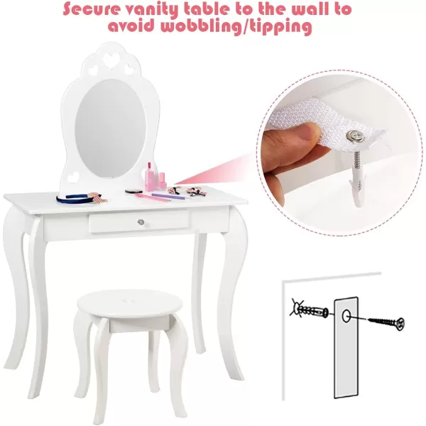 INFANS 2 in 1 Wooden Kids Princess Vanity Table &amp; Chair Set, Child Pretend Play Makeup Table with Detachable Real Mirror, Large Drawer, Pretend Beauty Make Up Dressing Play Set for Girl